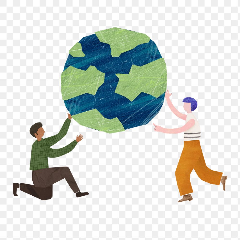 People holding globe, environment paper craft, editable design