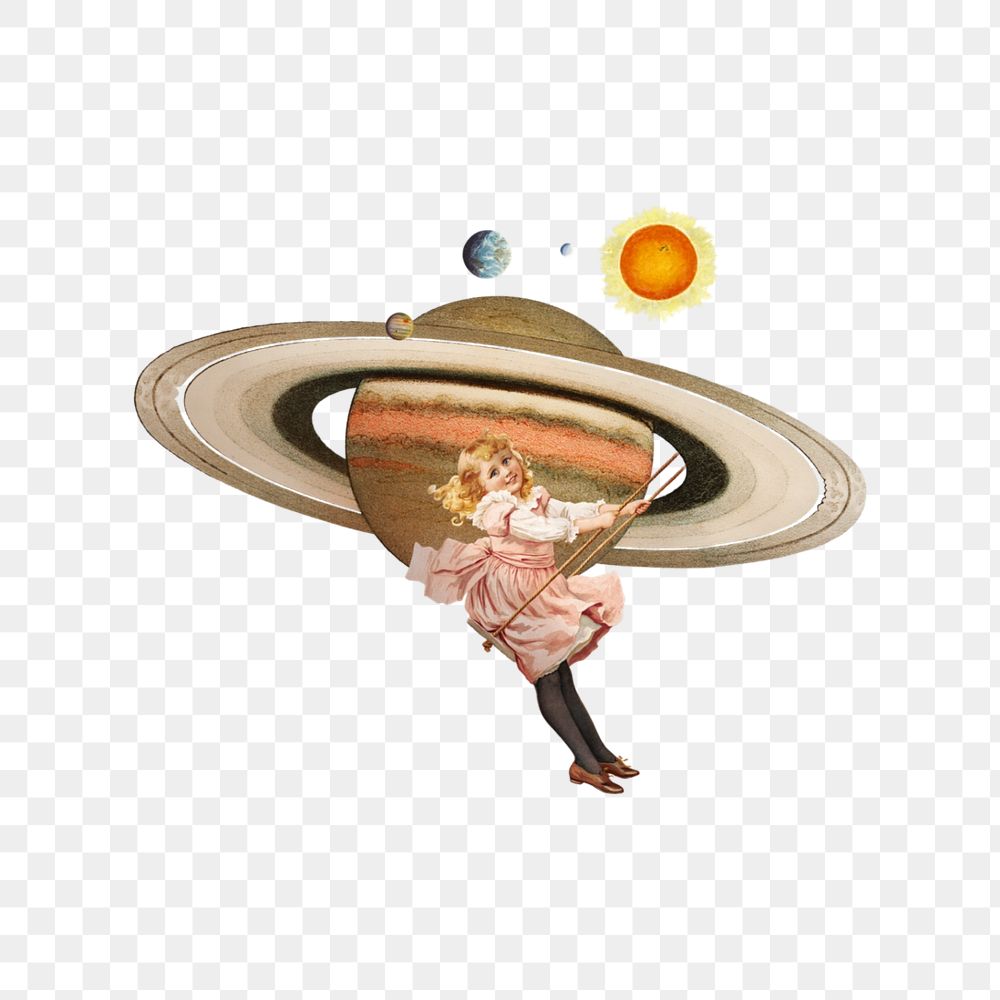 Little girl playing swing png, space aesthetic editable remix