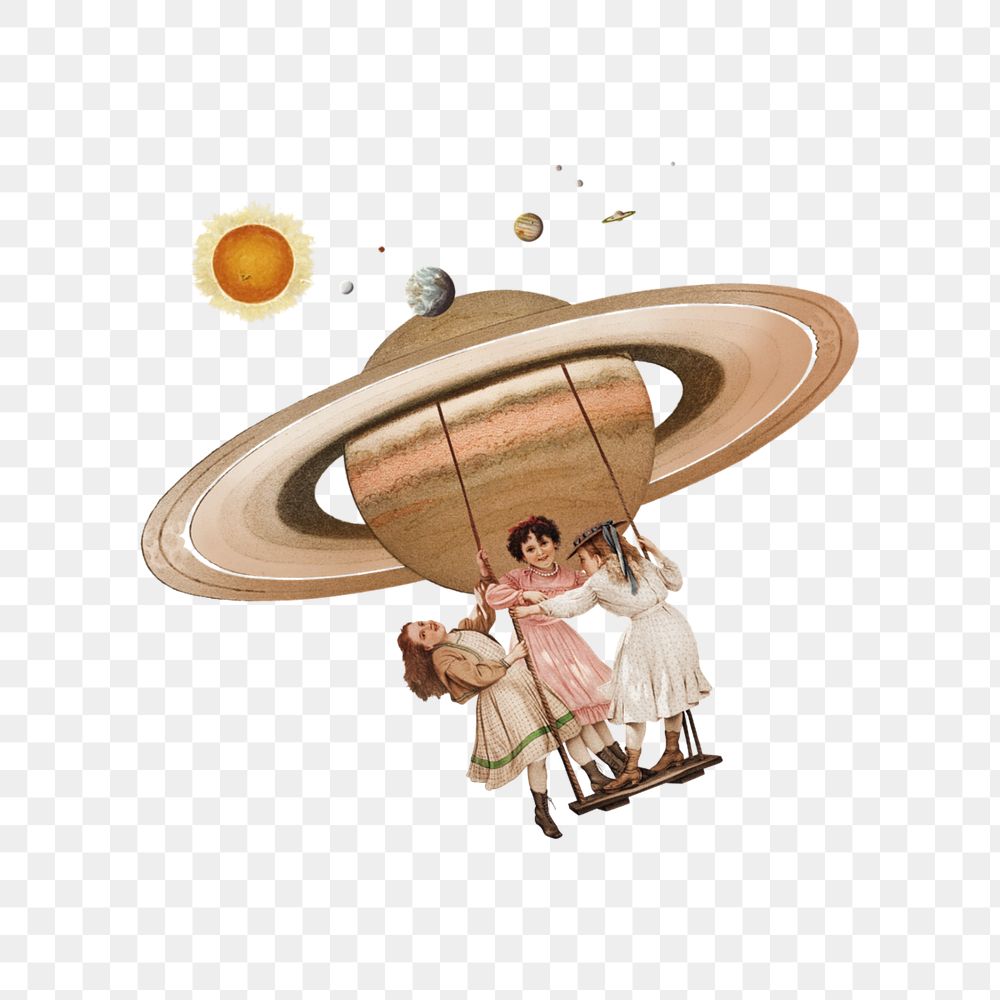 Little girls playing swing png, space aesthetic editable remix