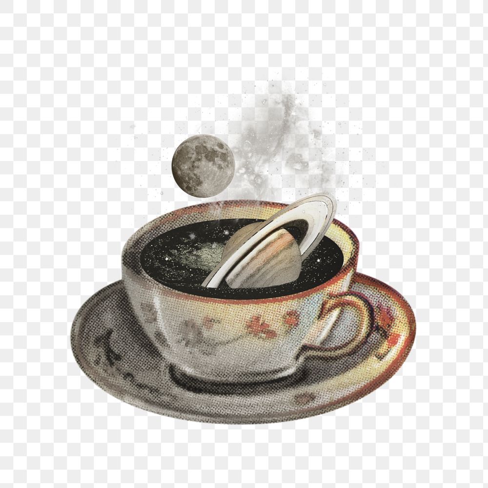 Saturn in coffee cup png, surreal escapism editable remix