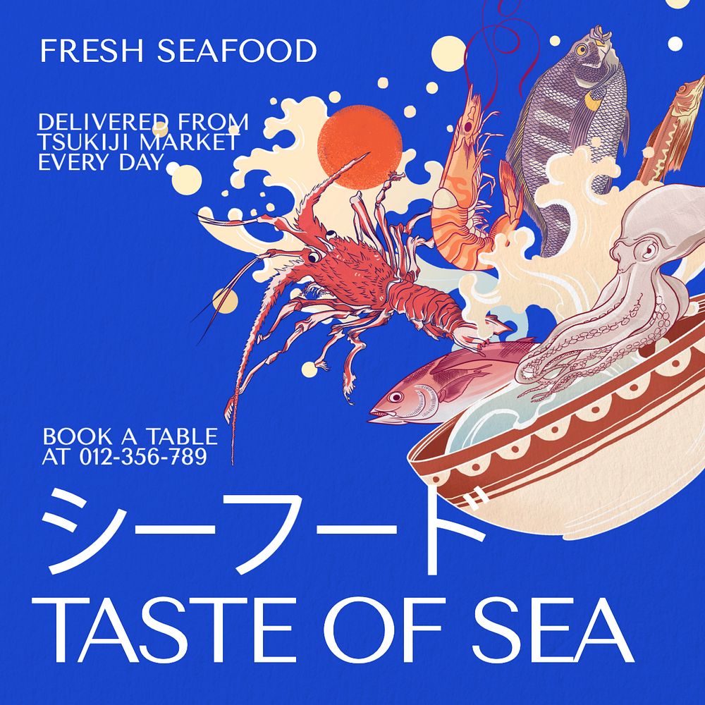 Seafood restaurant Instagram post template, editable text