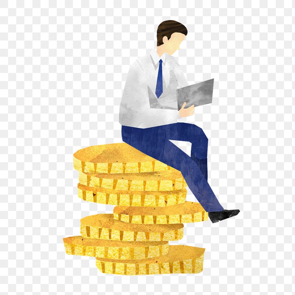 Businessman sitting on coins, finance paper craft collage, editable design