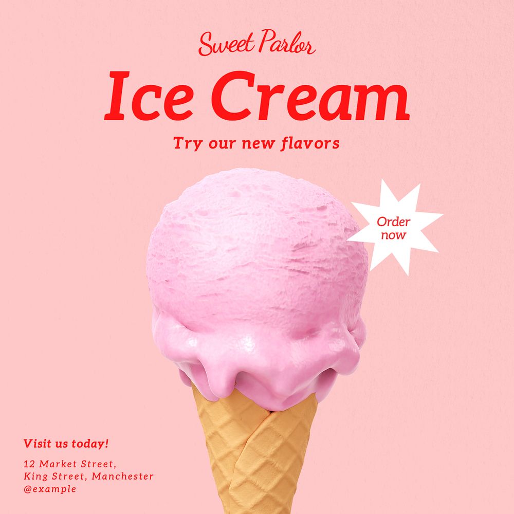 Ice cream shop Instagram post template, editable text