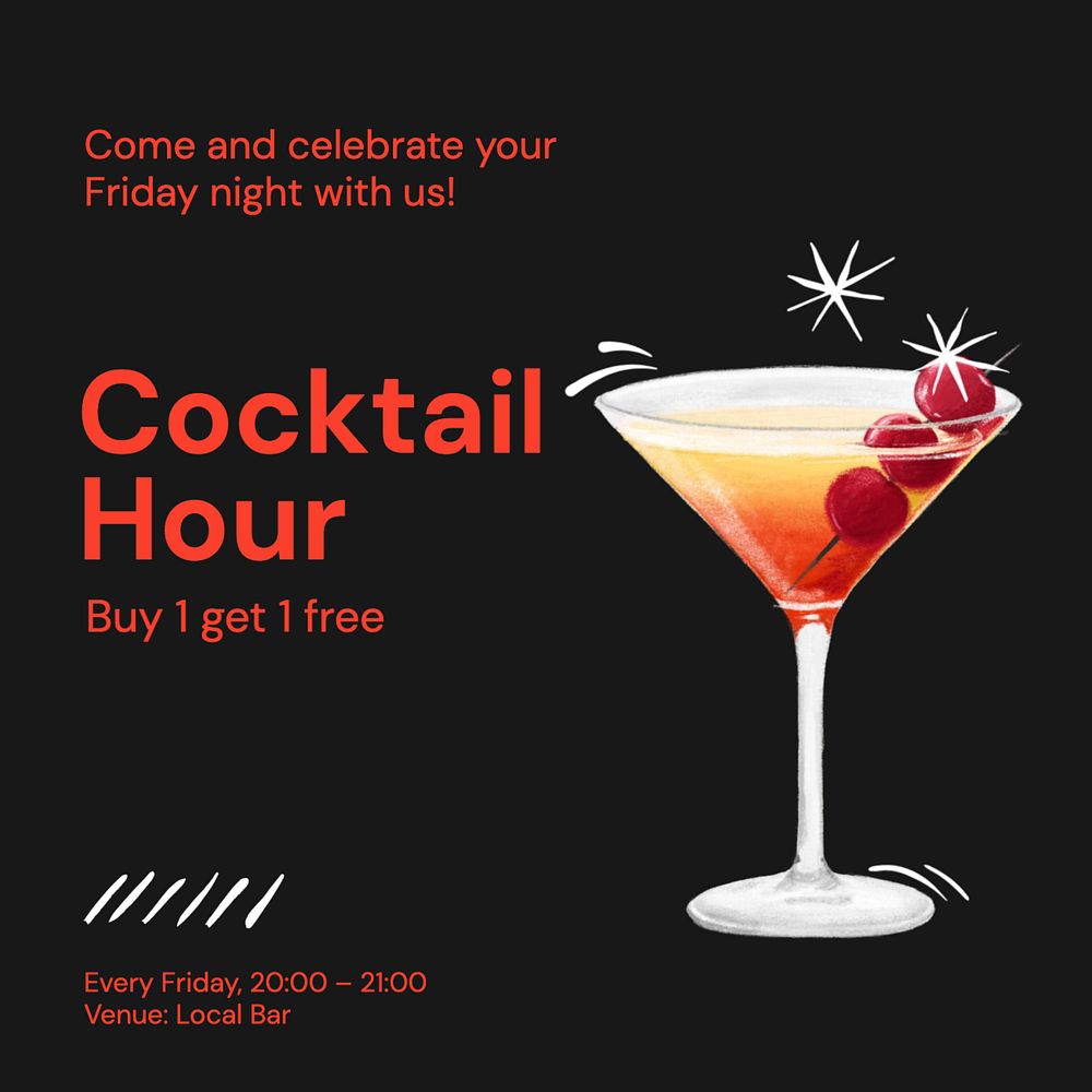 Cocktail hour  Instagram post template, editable text