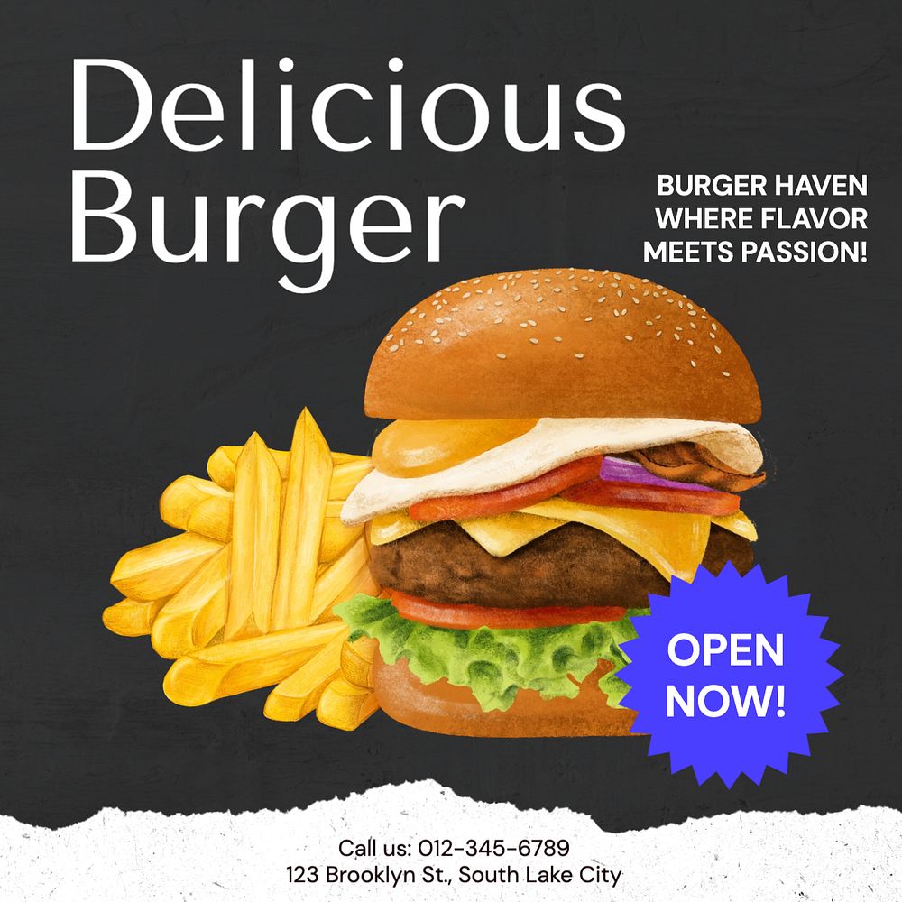 Delicious burger  Instagram post template, editable text