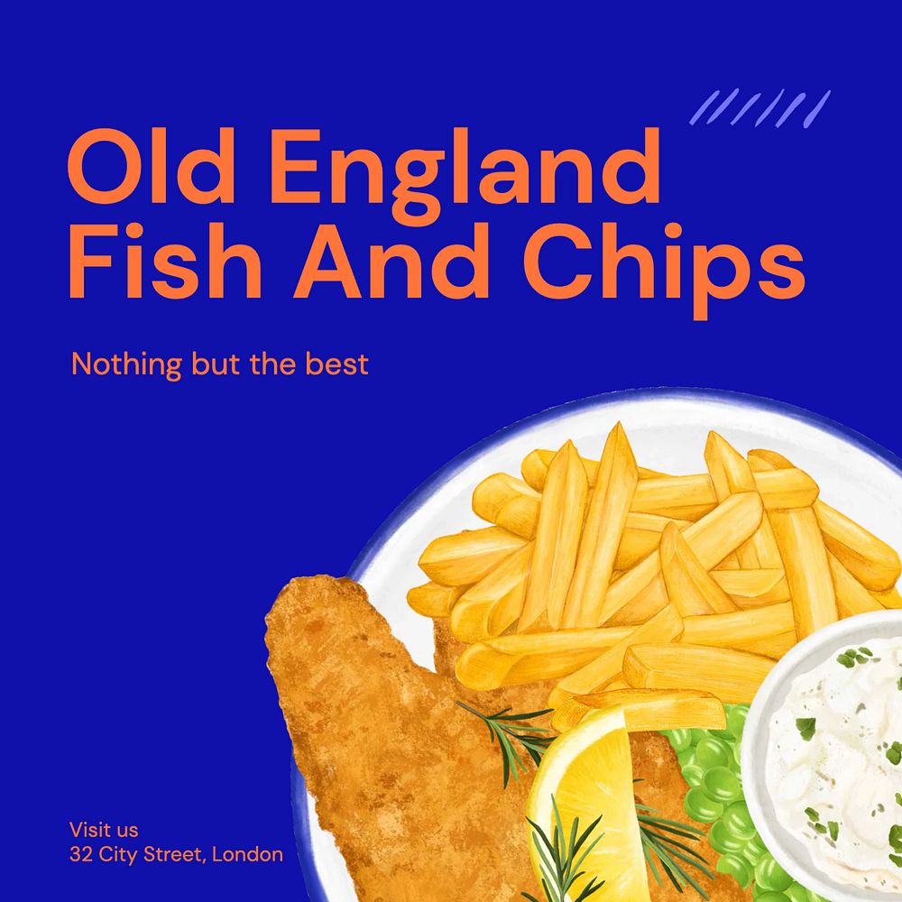 Fish and chips  Instagram post template, editable text