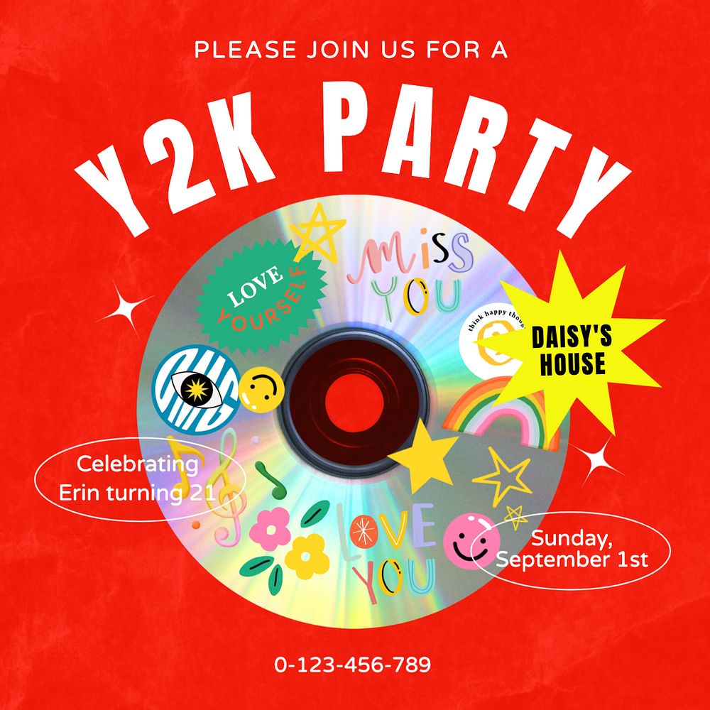 Y2k birthday party Instagram post template, editable text