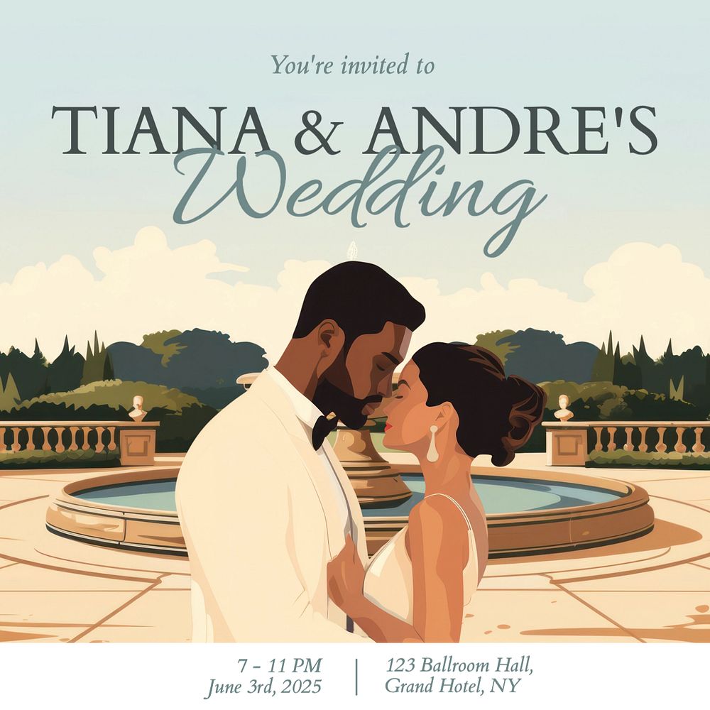 Wedding invitation Instagram post template, editable text