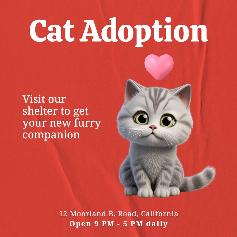 Cat adoption Instagram post template, editable text