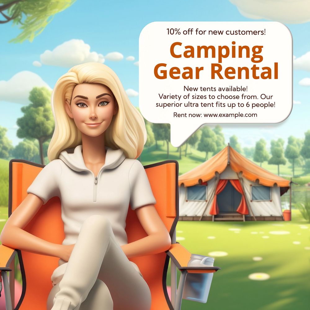 Camping gear rental Instagram post template, editable text