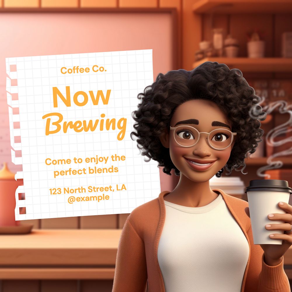 Now brewing, cafe Instagram post template, editable text