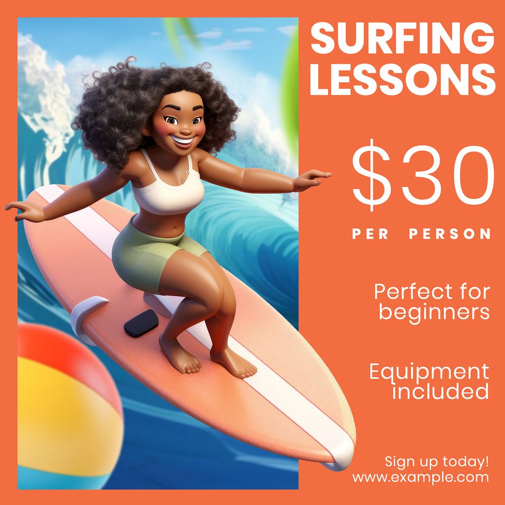 Surfing lessons Instagram post template, editable text