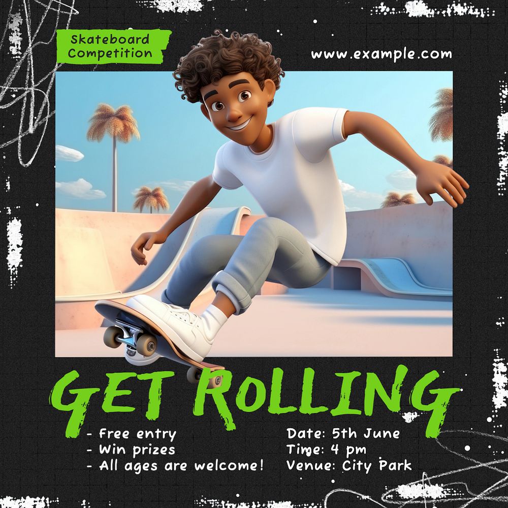 Skateboard competition Instagram post template, editable text