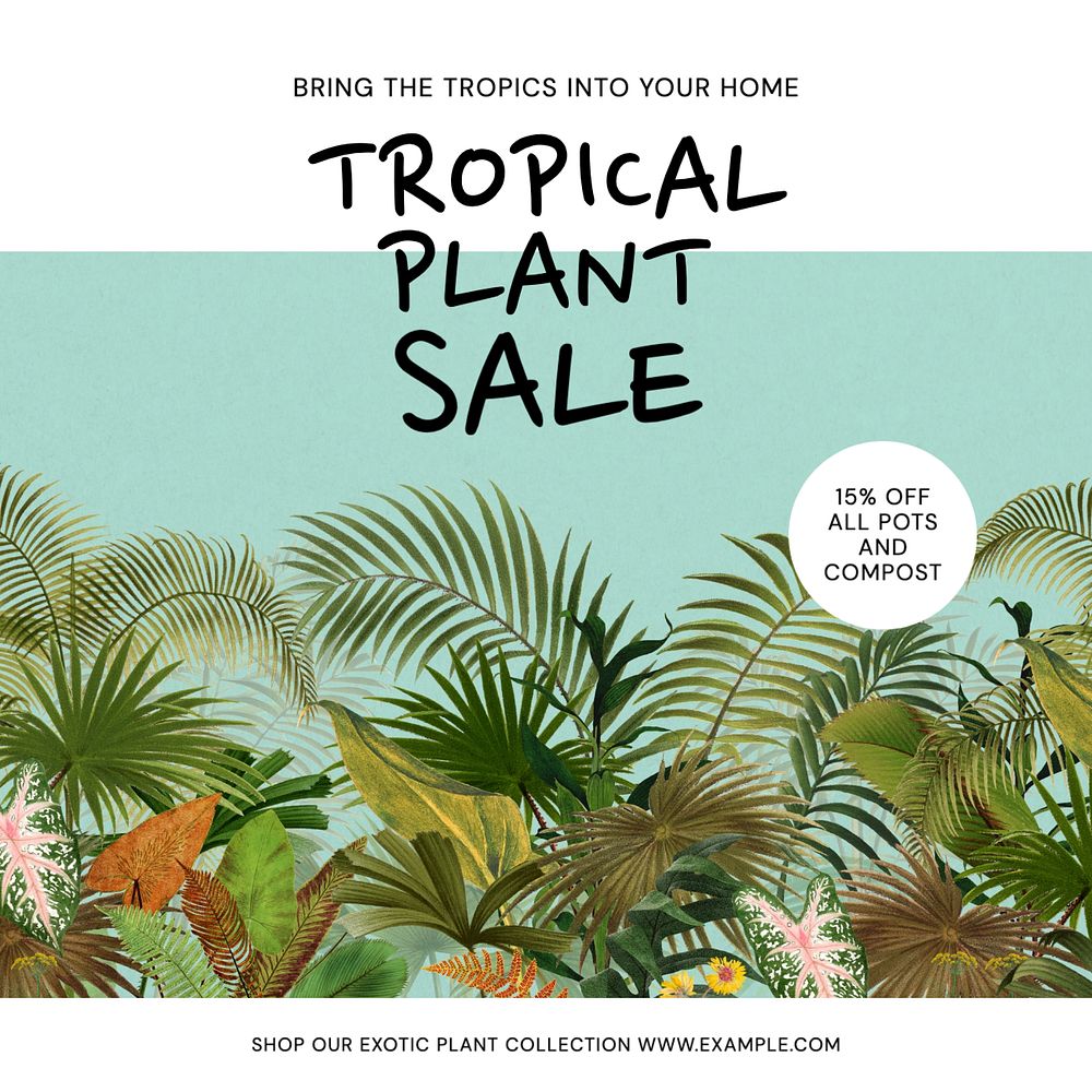 Tropical plant sale Instagram post template, editable text