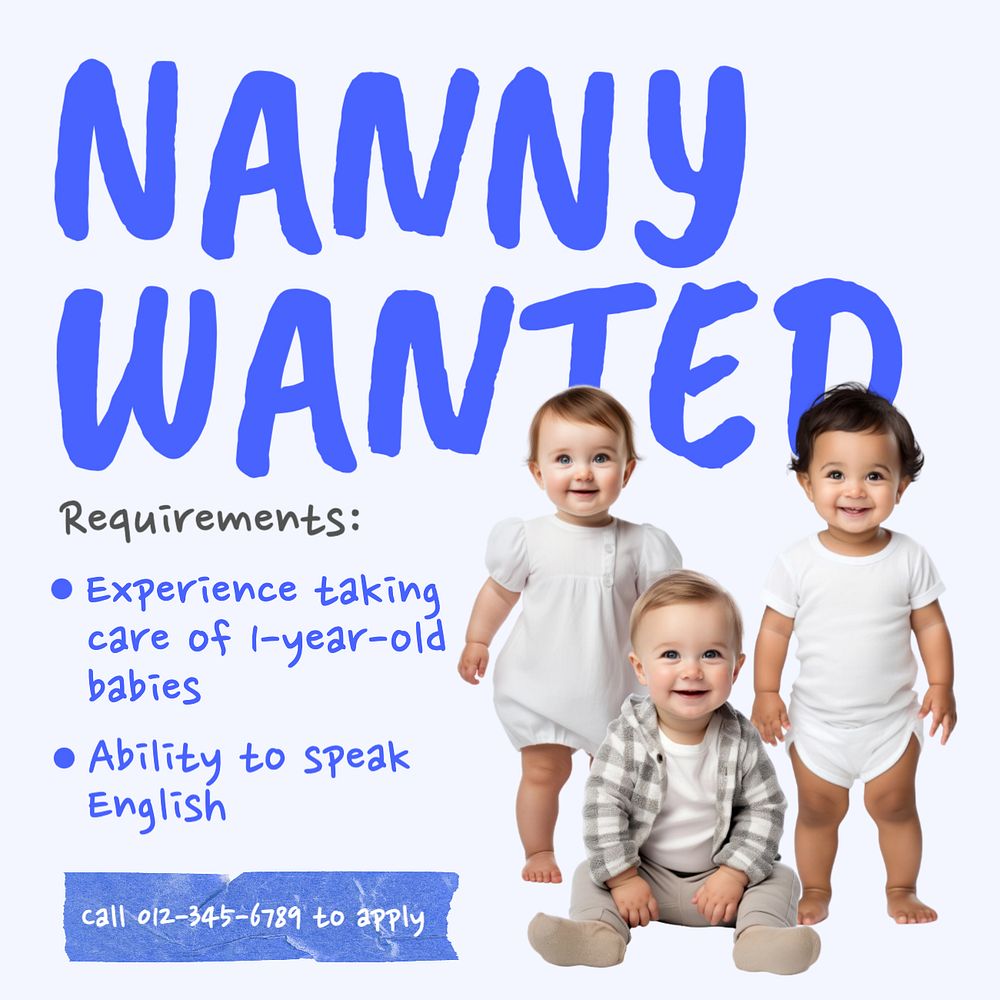 Nanny wanted Instagram post template, editable text