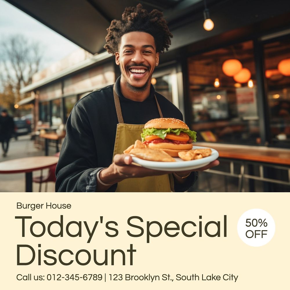 Burger discount Instagram post template, editable text