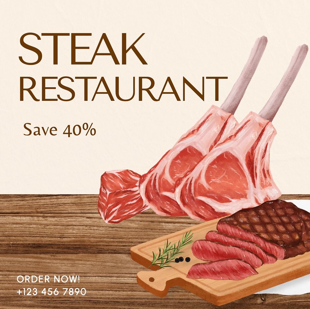 Steak restaurant Instagram post template, editable text