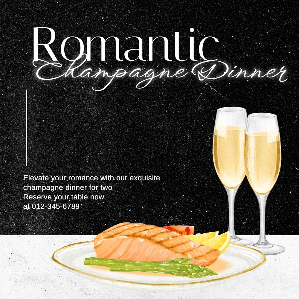 Romantic Champagne dinner Instagram post template, editable text