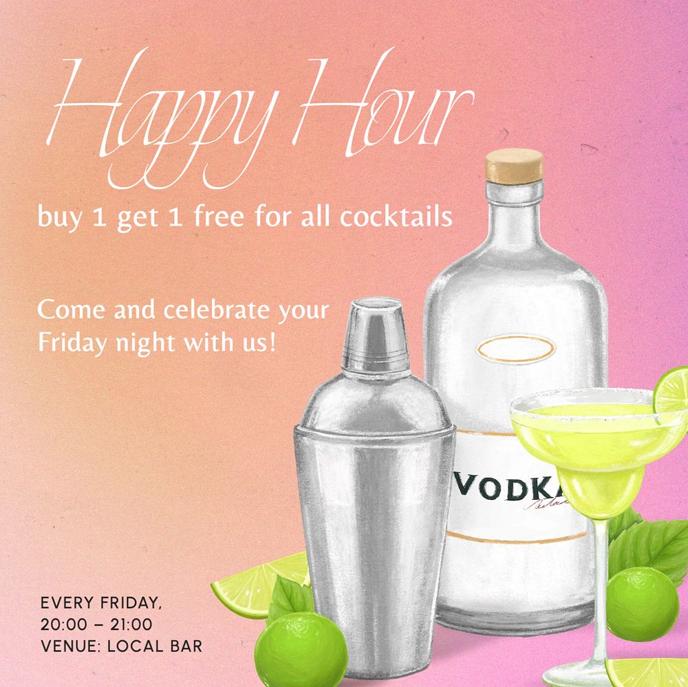 Happy hour Instagram post template, editable text