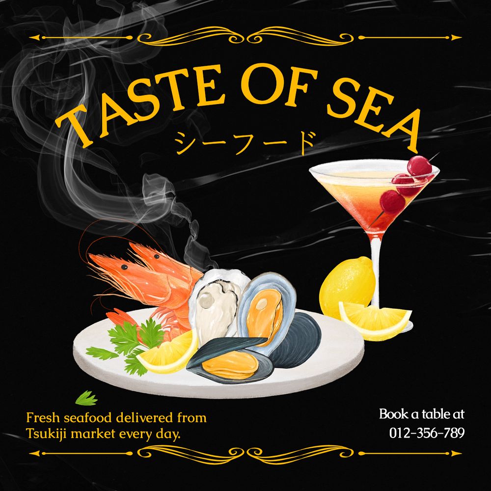 Seafood restaurant Instagram post template, editable text