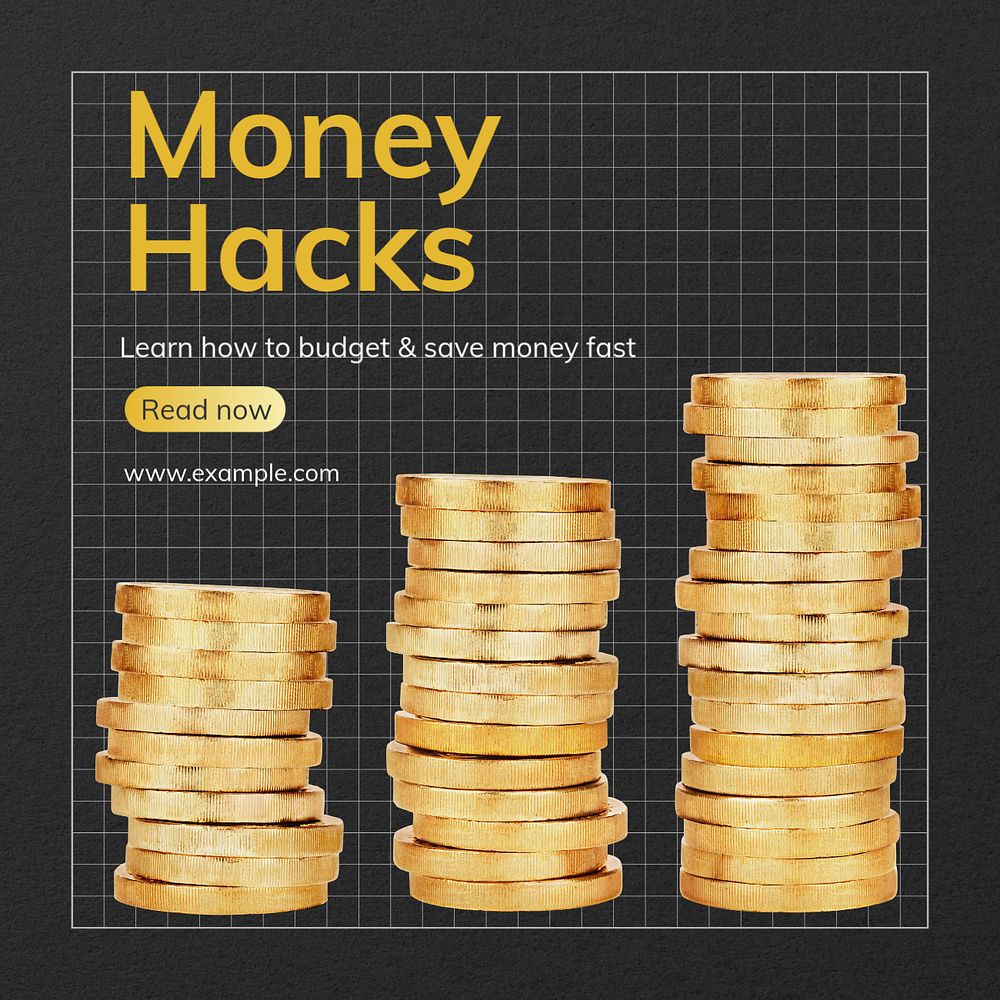 Money hacks article  Instagram post template, editable text