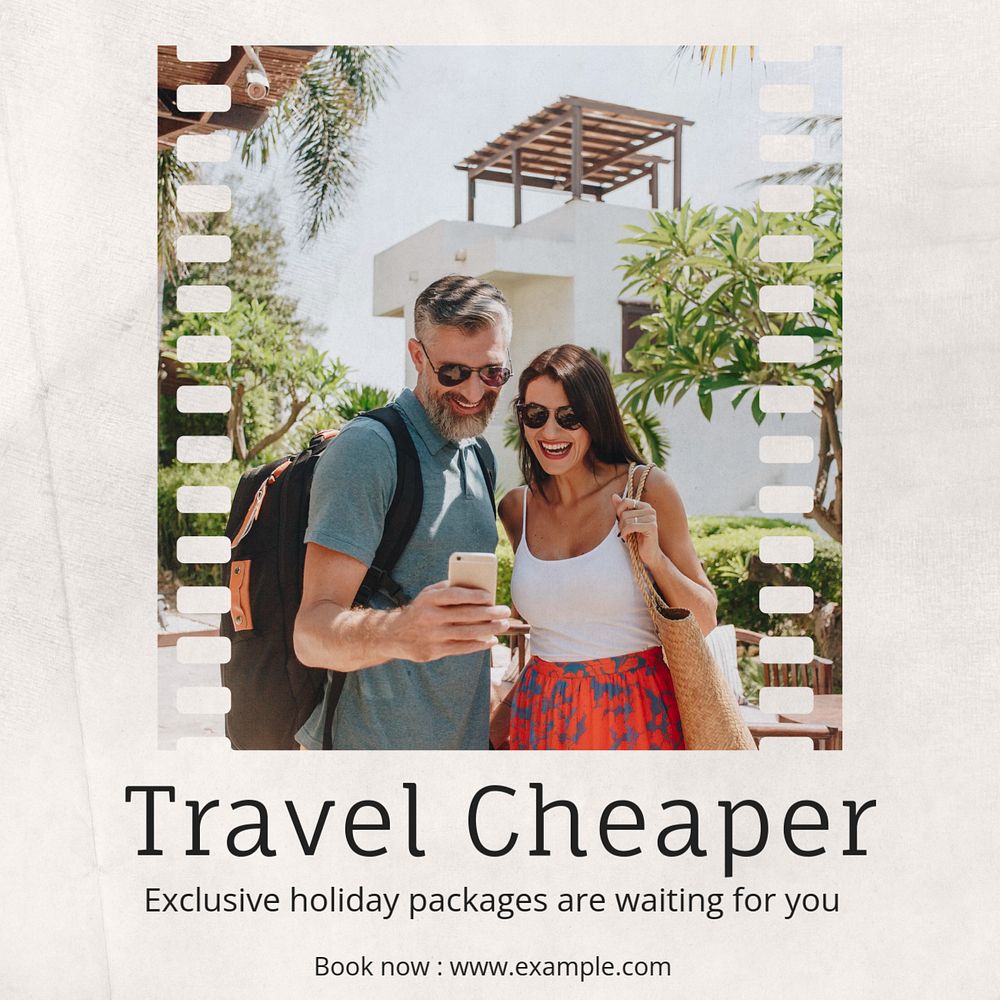 Travel Cheaper Instagram post template, editable text