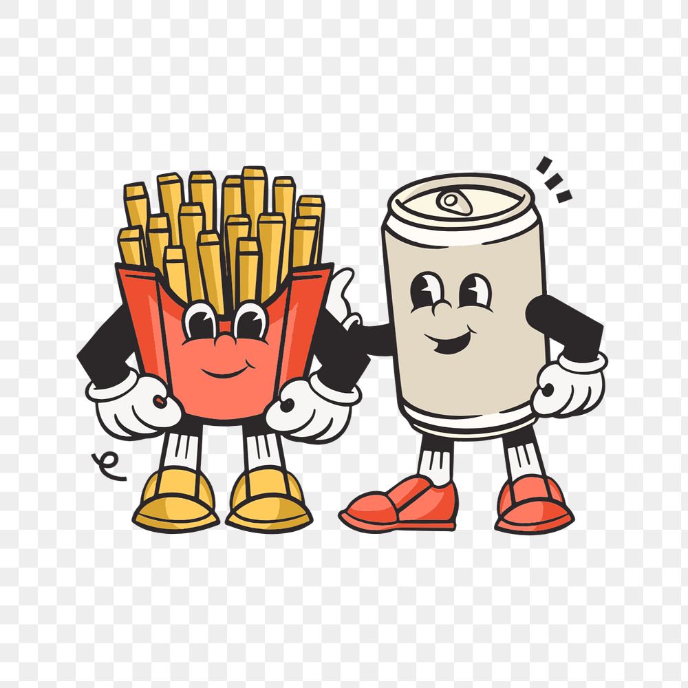 Png sticker drink and fries, retro illustration, transparent background