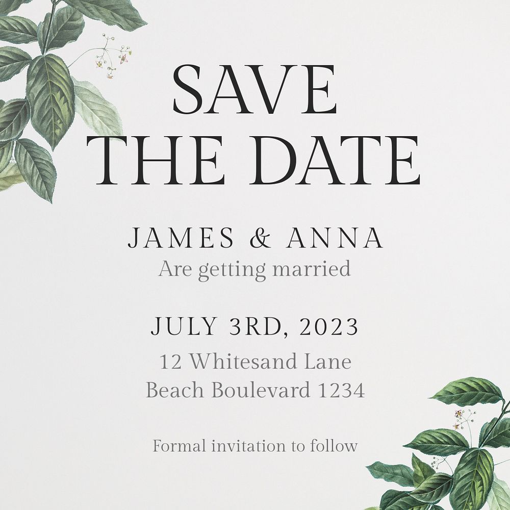 Save the date Instagram post template, editable text