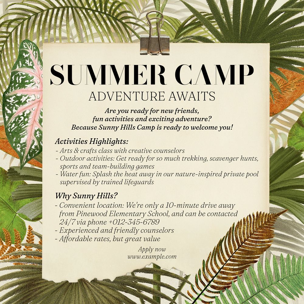 Summer camp Instagram post template, editable text