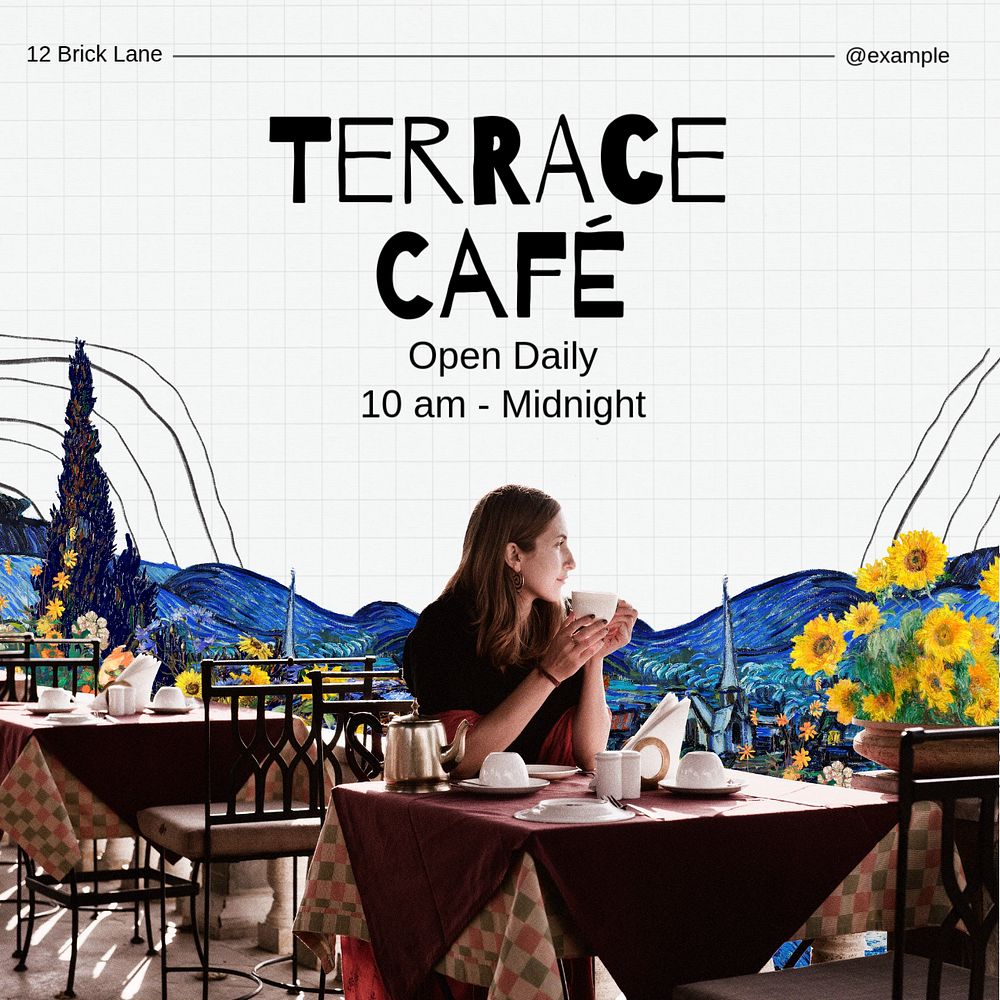 Terrace cafe Instagram post template, editable text