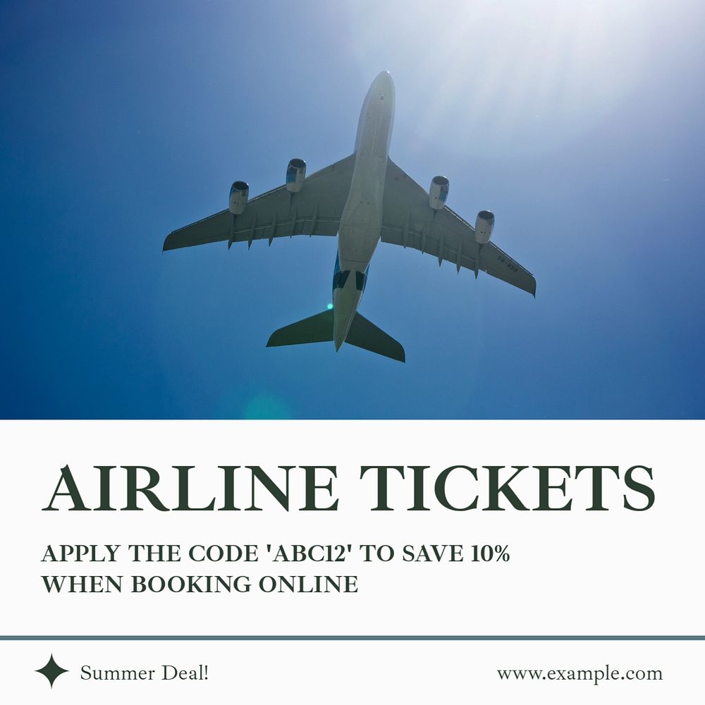 Airline tickets deal Instagram post template, editable text