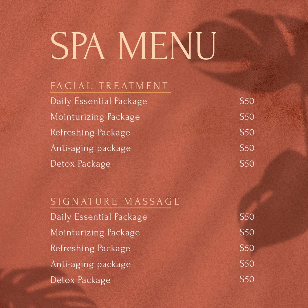 Spa menu Instagram post template, editable text