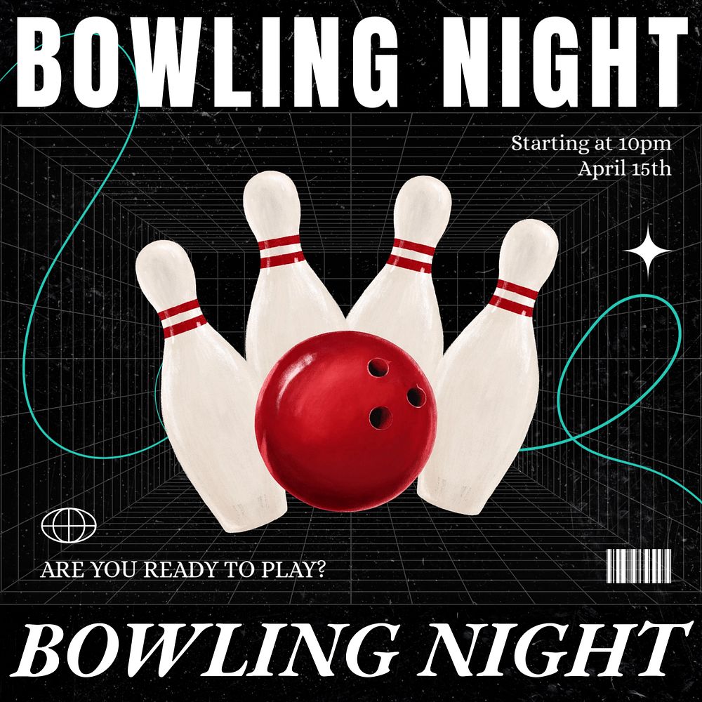 Bowling night Instagram post template, editable text