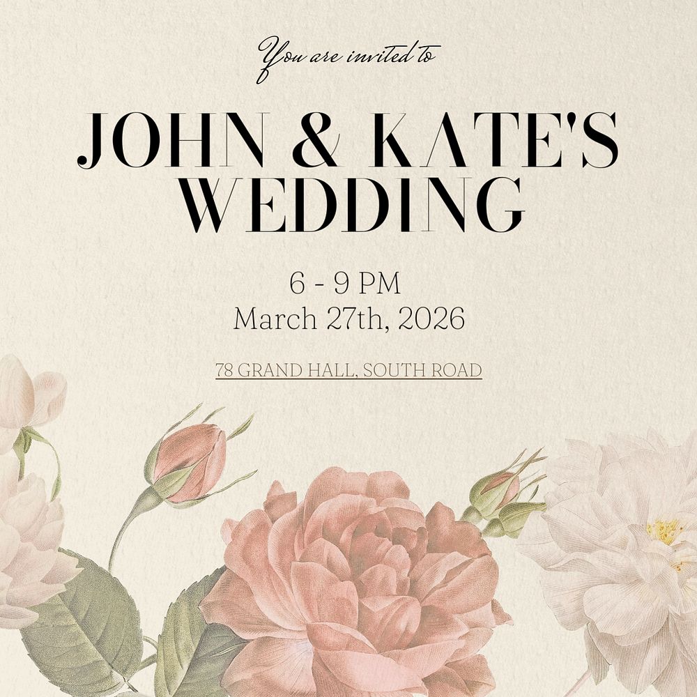 Wedding invitation Instagram post template, editable text