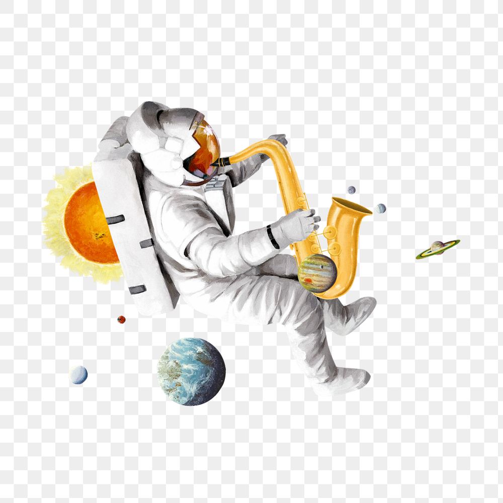 Astronaut playing saxophone png, surreal galaxy editable remix