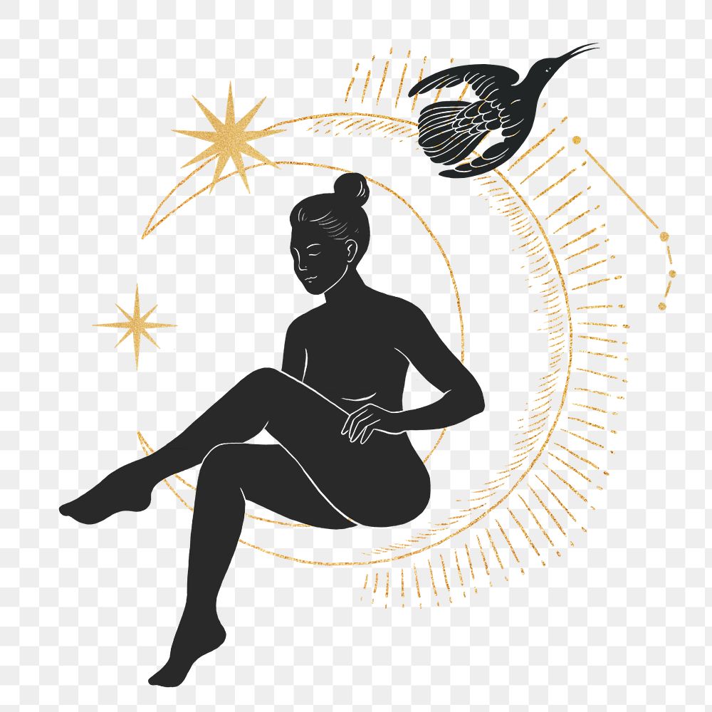 Png woman and moon, spiritual editable design remix, transparent background