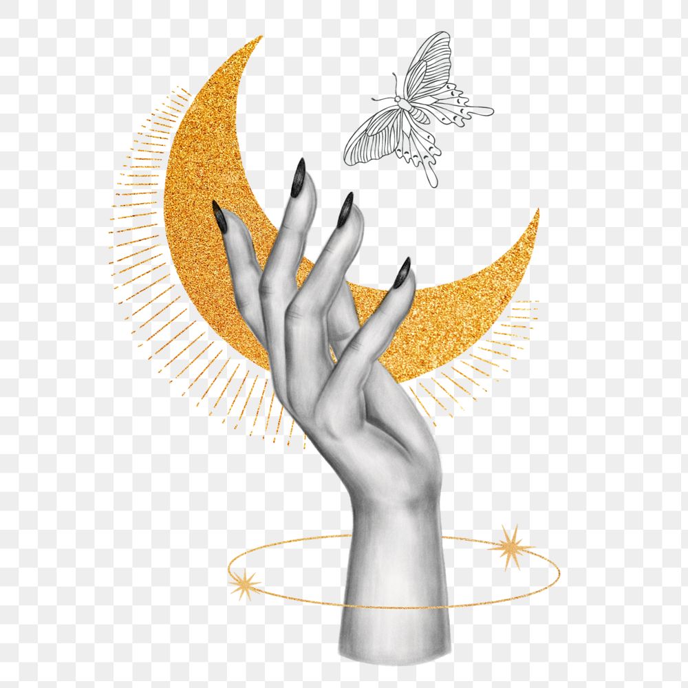 Png hand and moon, spiritual editable design remix, transparent background