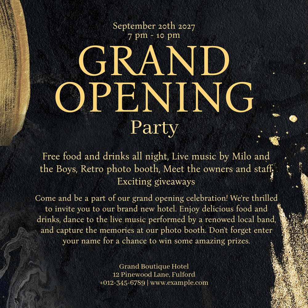 Grand opening party Instagram post template, editable text