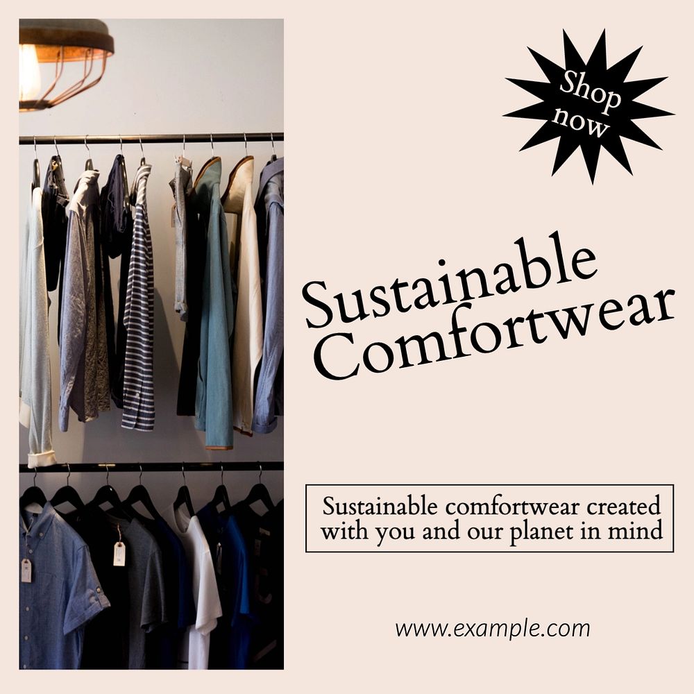 Sustainable comfort wear  Instagram post template, editable text