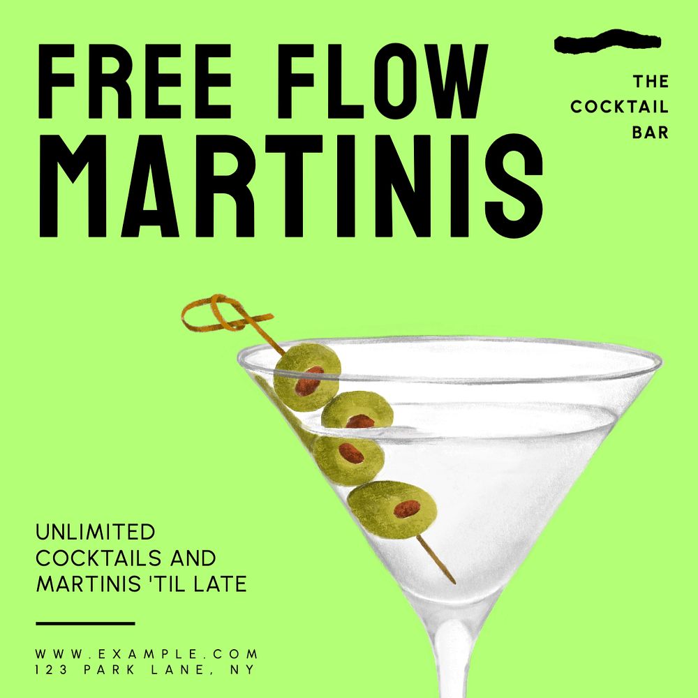 Free flow martinis Instagram post template, editable text