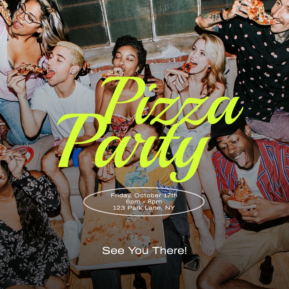 Pizza party invitation Instagram post template, editable text