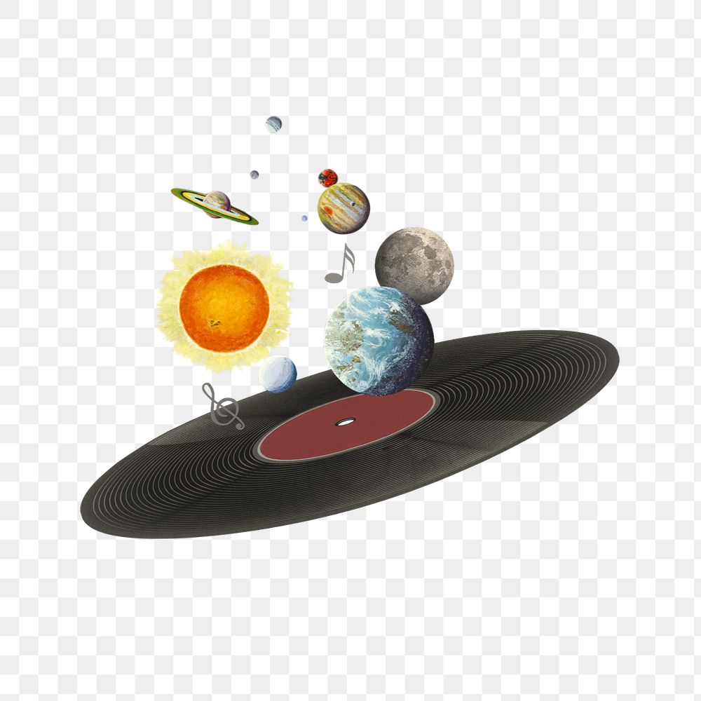 Floating planets on vinyl record png, space editable remix