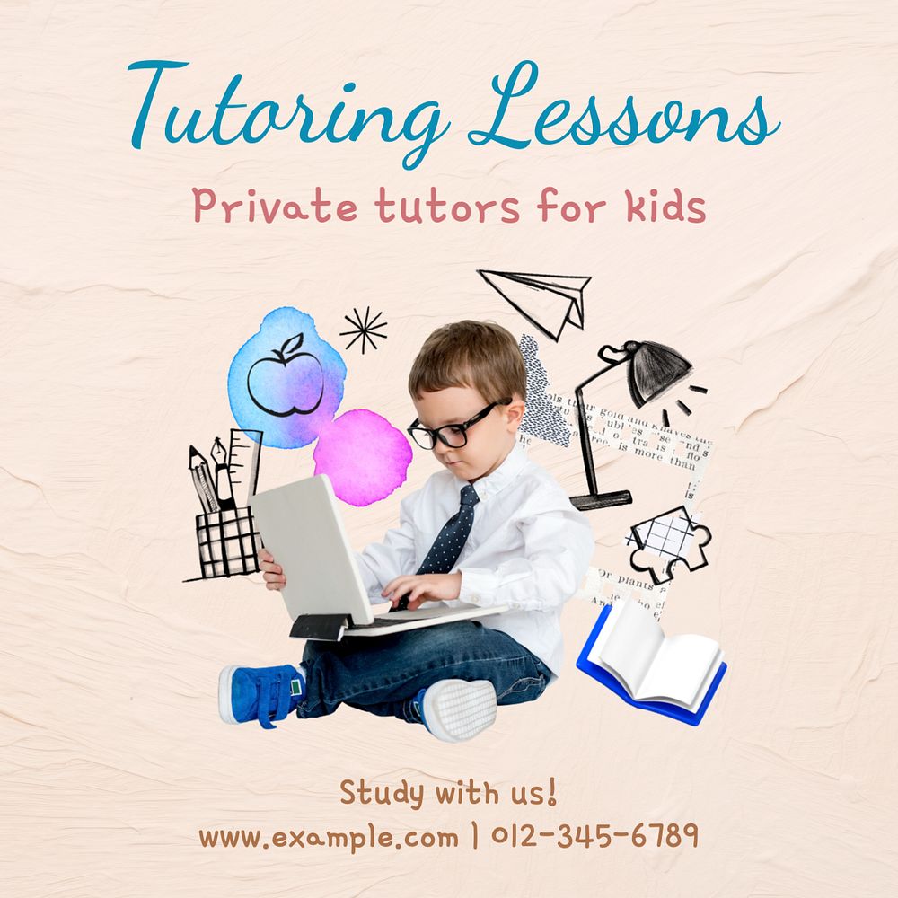 Tutoring lessons Instagram post template, editable text