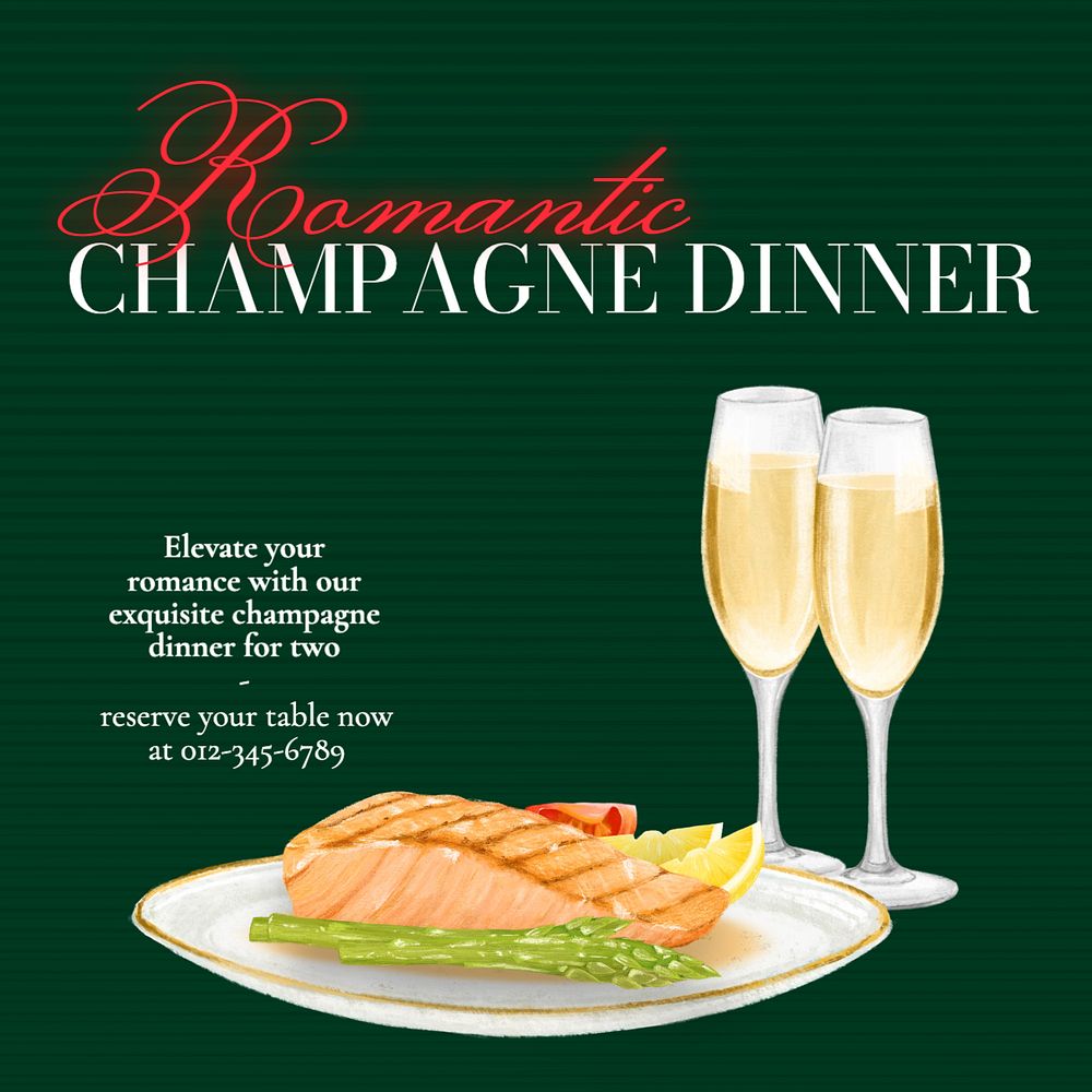 Romantic Champagne dinner Instagram post template, editable text