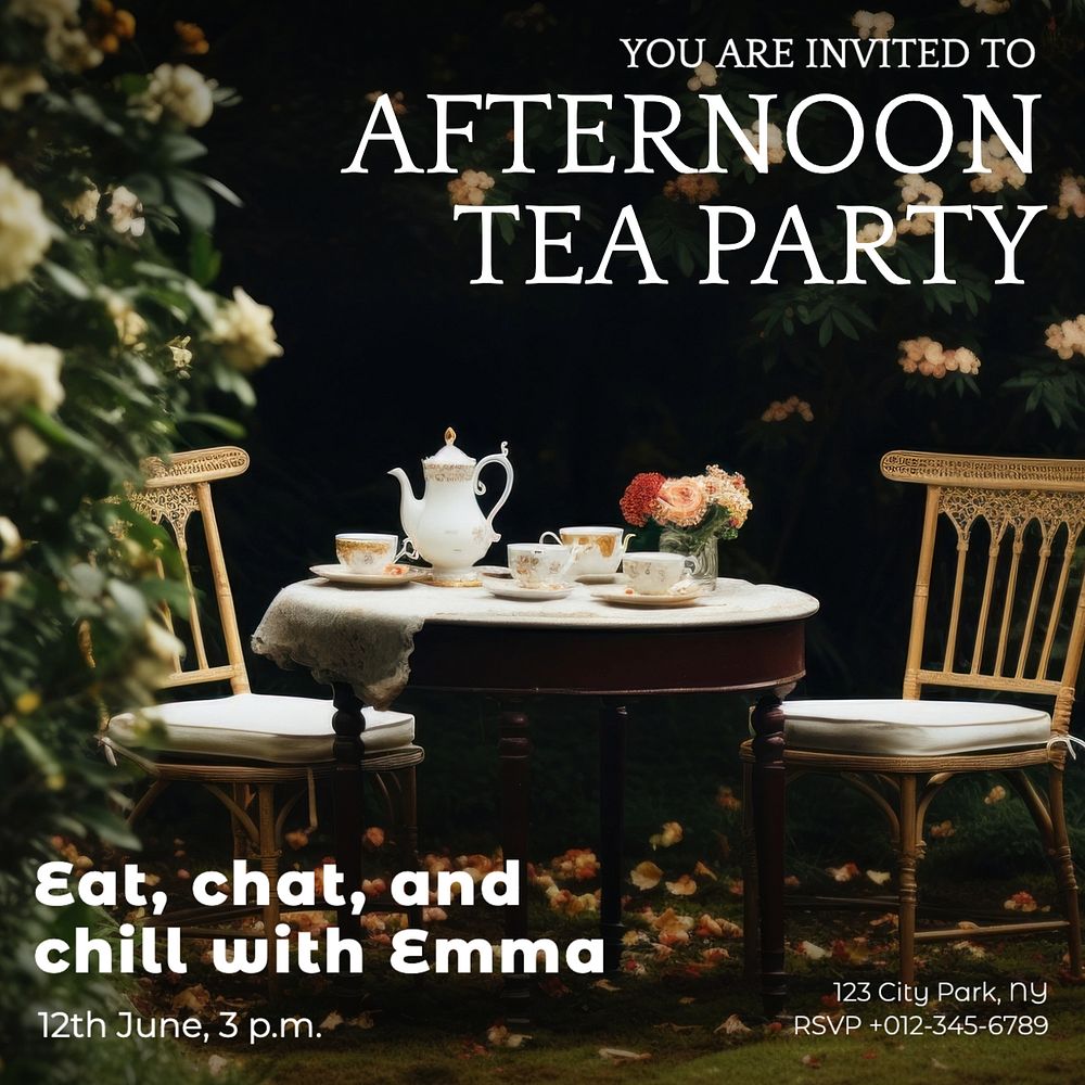 Tea party invitation Instagram post template, editable text