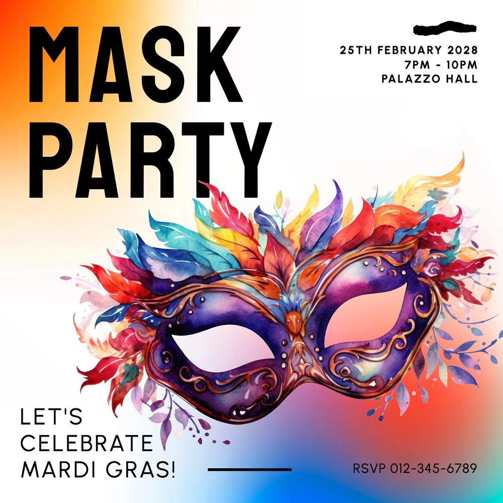 Mask party Instagram post template, editable text