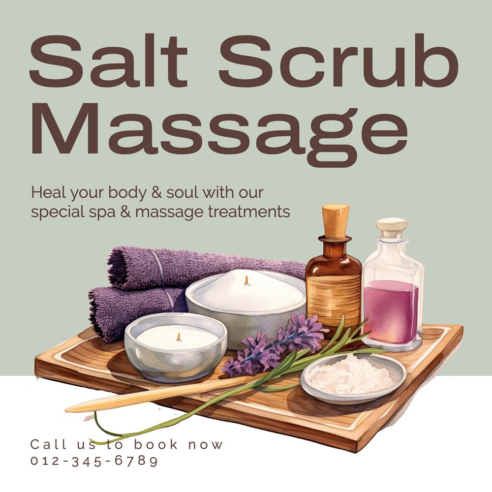 Salt scrub massage Instagram post template, editable text