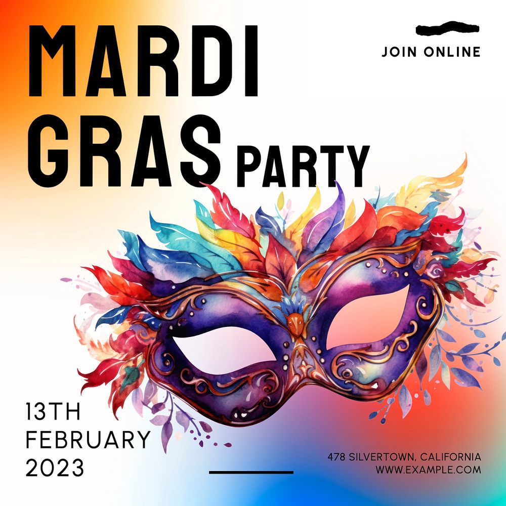 Mardi Gras party Instagram post template, editable text