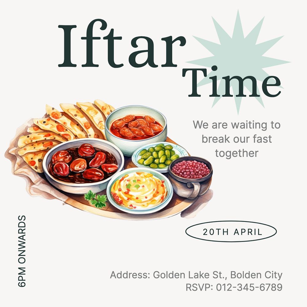 Iftar time Instagram post template, editable text