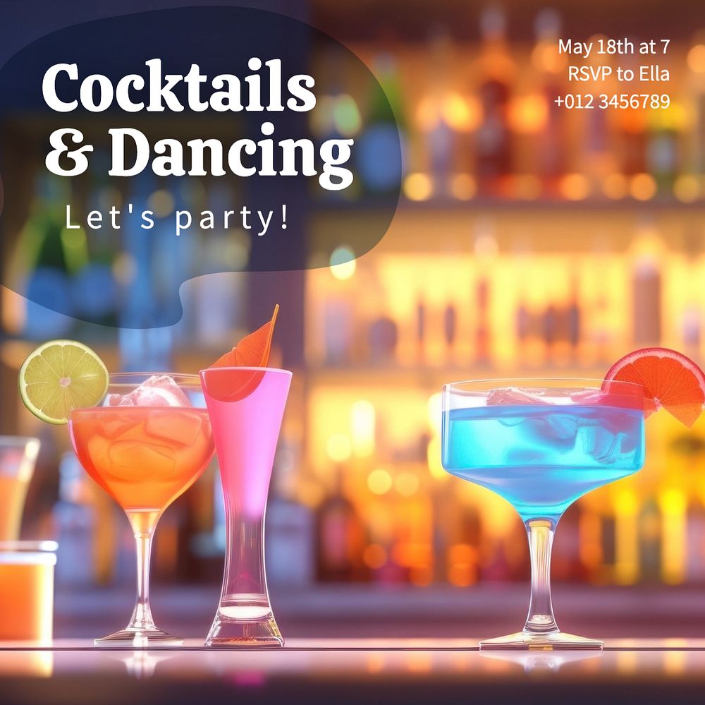 Cocktails & dancing Instagram post template, editable text